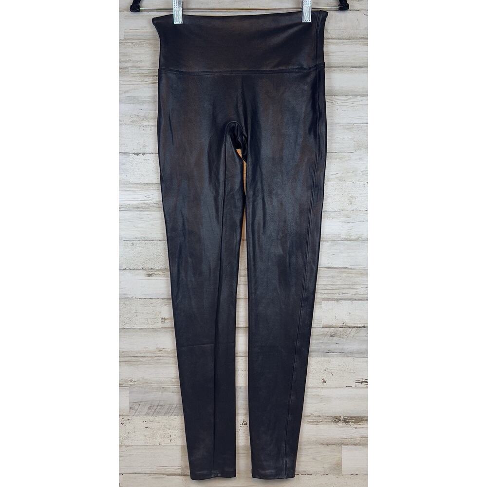 SPANX Faux Leather Leggings Womens Med Black High Rise Shaping Pull On Stretch
